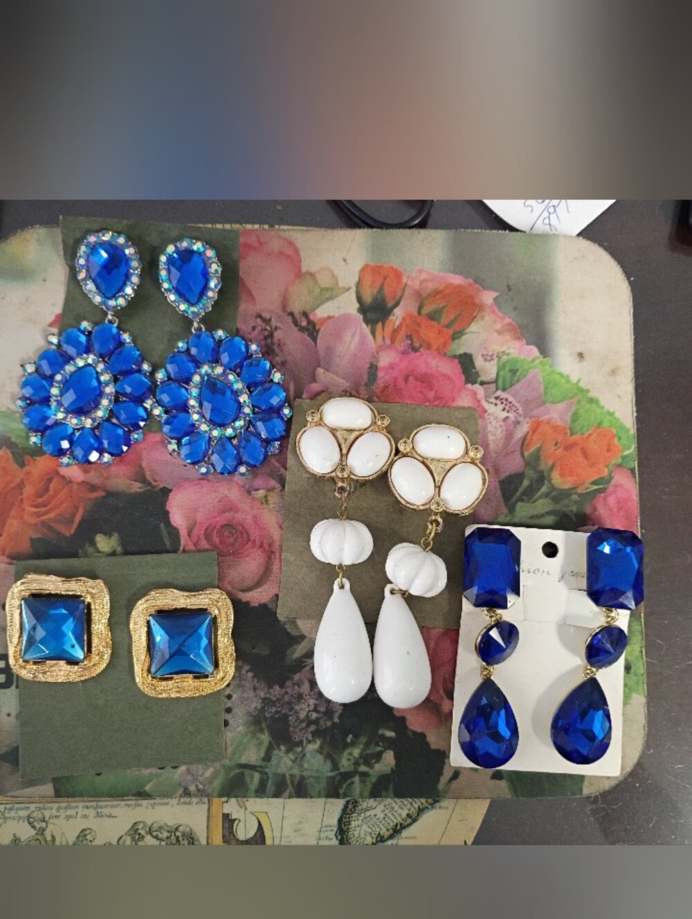 ❤️LOT 4 GLAM PARTY CLIP EARRINGS BLUE RHINESTONES CRYSTALS WHITE